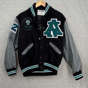 Vtg DeLong Varsity Jacket Wool Leather Dance '02 Sz S Womens Black Teal‎ Aliso